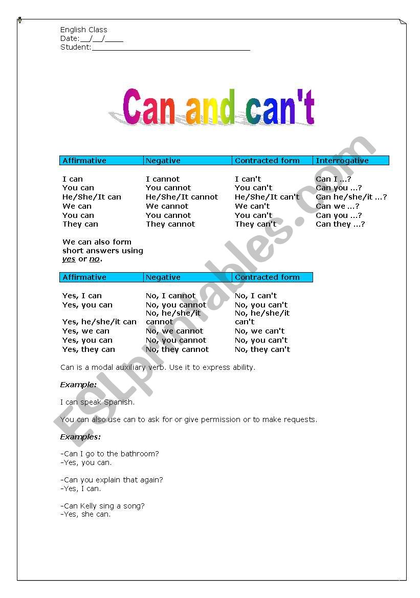 Verb Can / Cant worksheet
