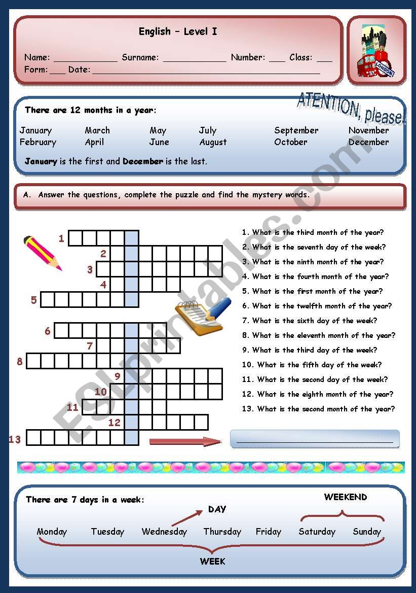 MONTHS AND DAYS OF THE WEEK worksheet