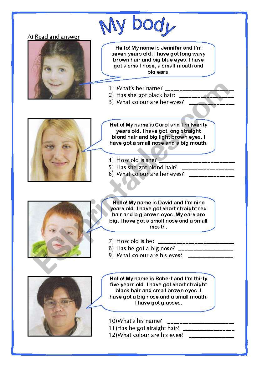 Physical Description (Face) worksheet