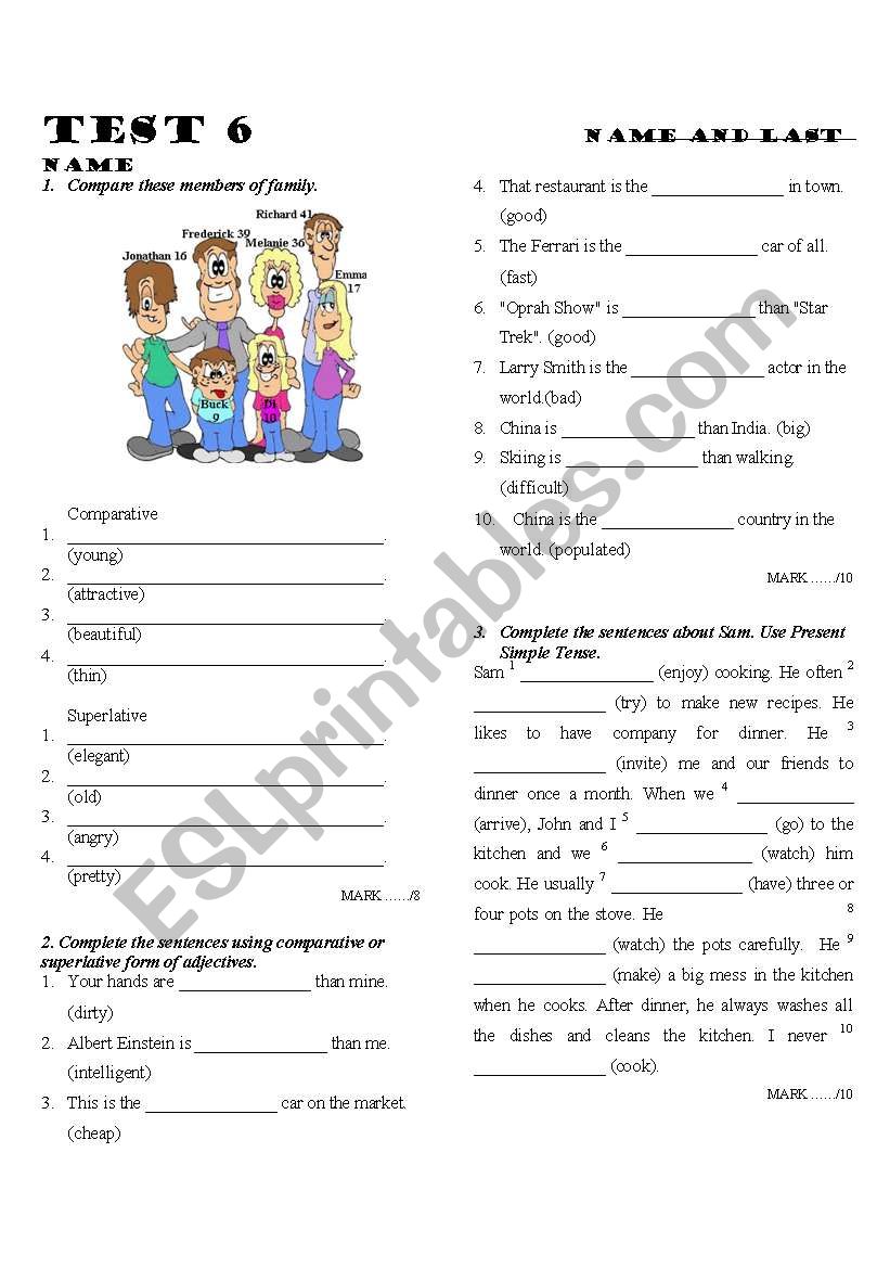 Test comparison of adjectives, present simple and present continuous