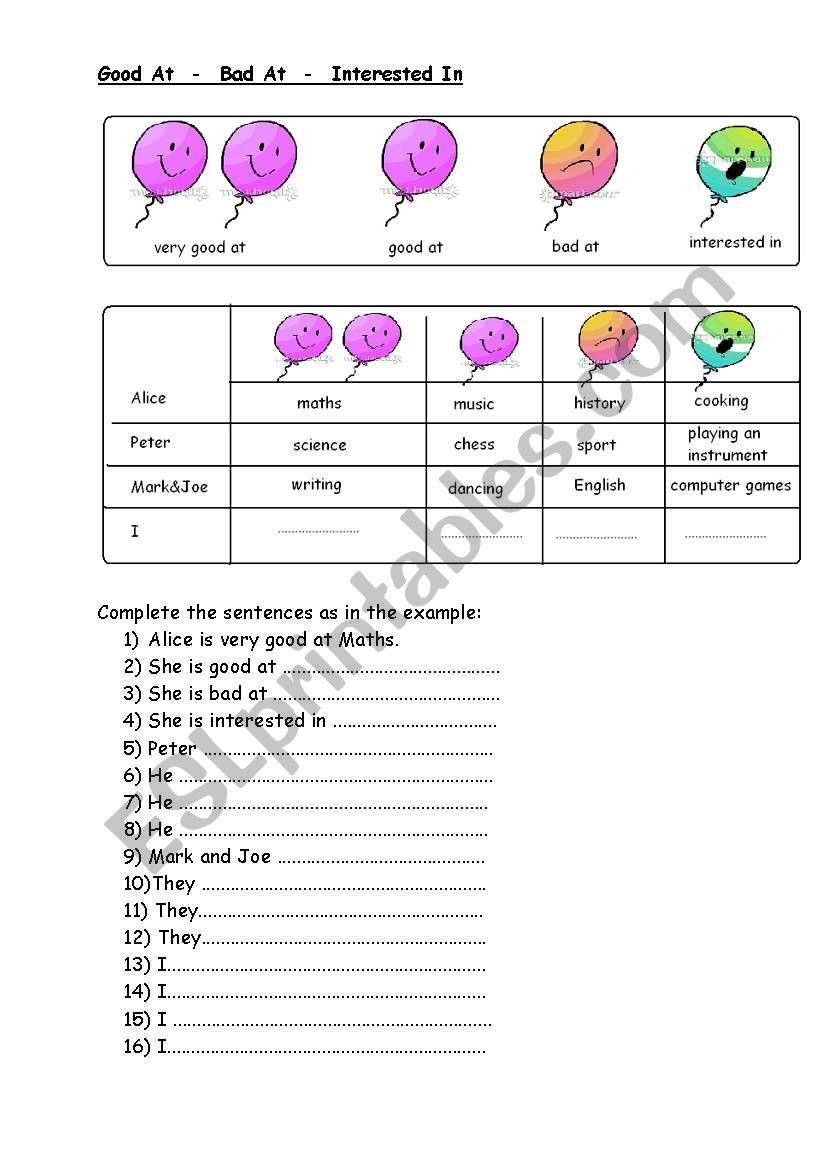 good at - bad at - interested in