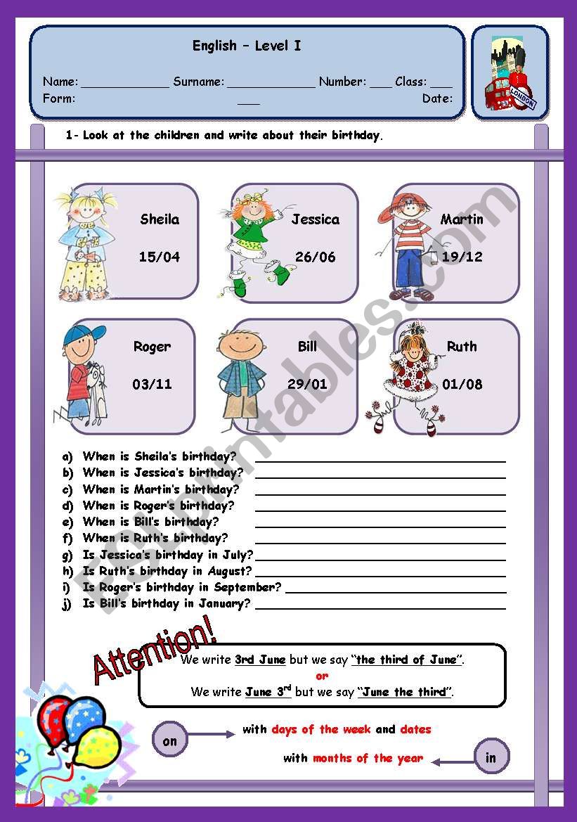 BIRTHDAYS worksheet