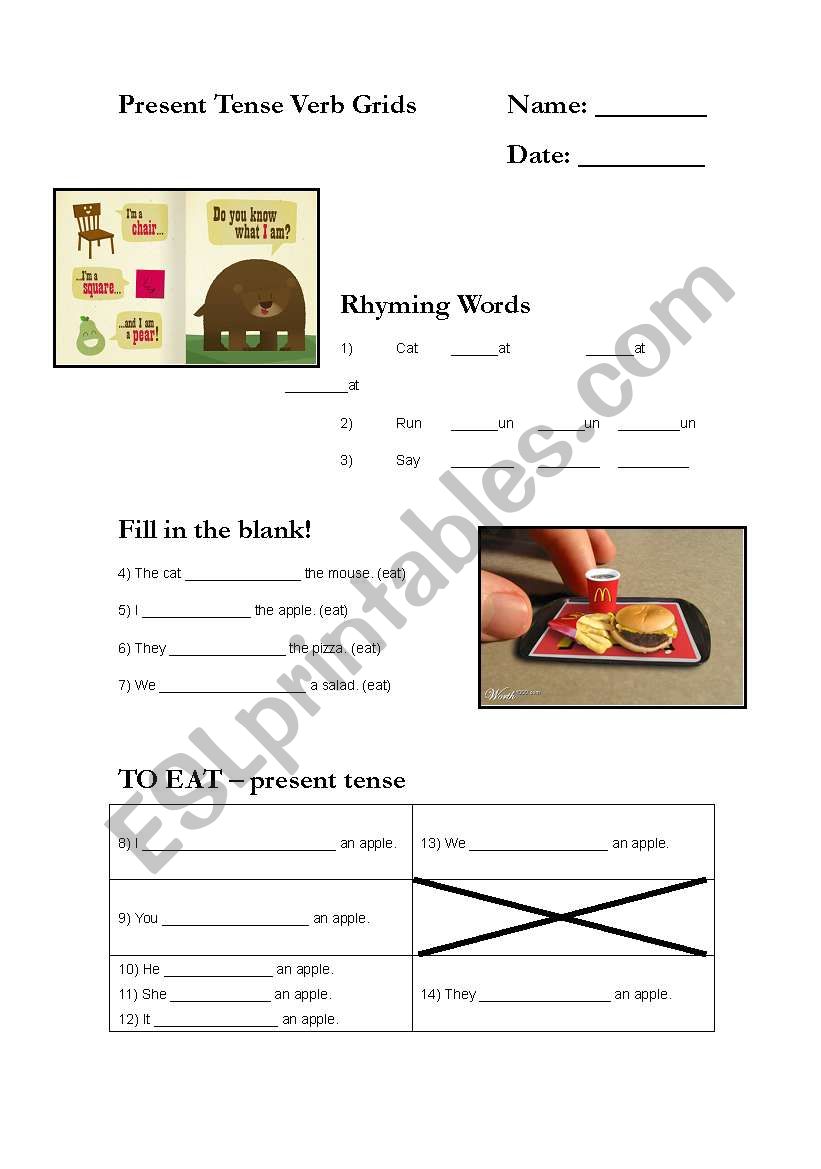 Present Simple Verb Grids - eat, walk, and to be