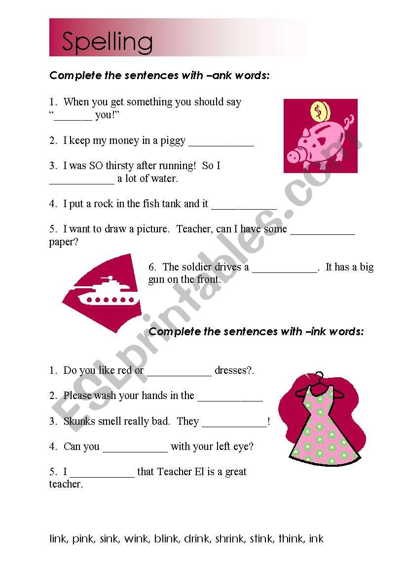 word familes ank & ink worksheet