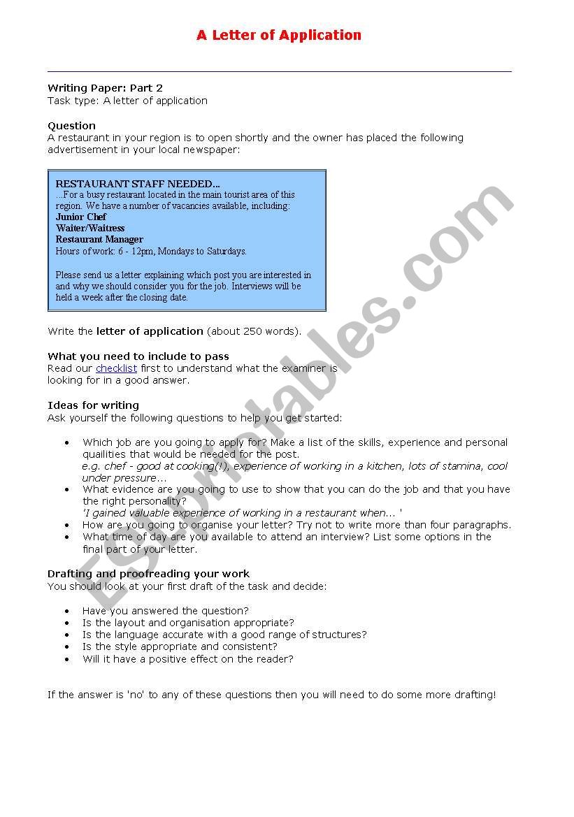 letter of application worksheet