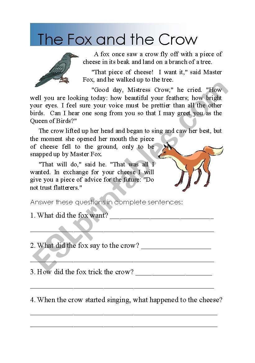 Reading Fox and the Crow worksheet