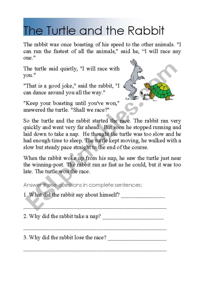Reading turtle and rabbit worksheet