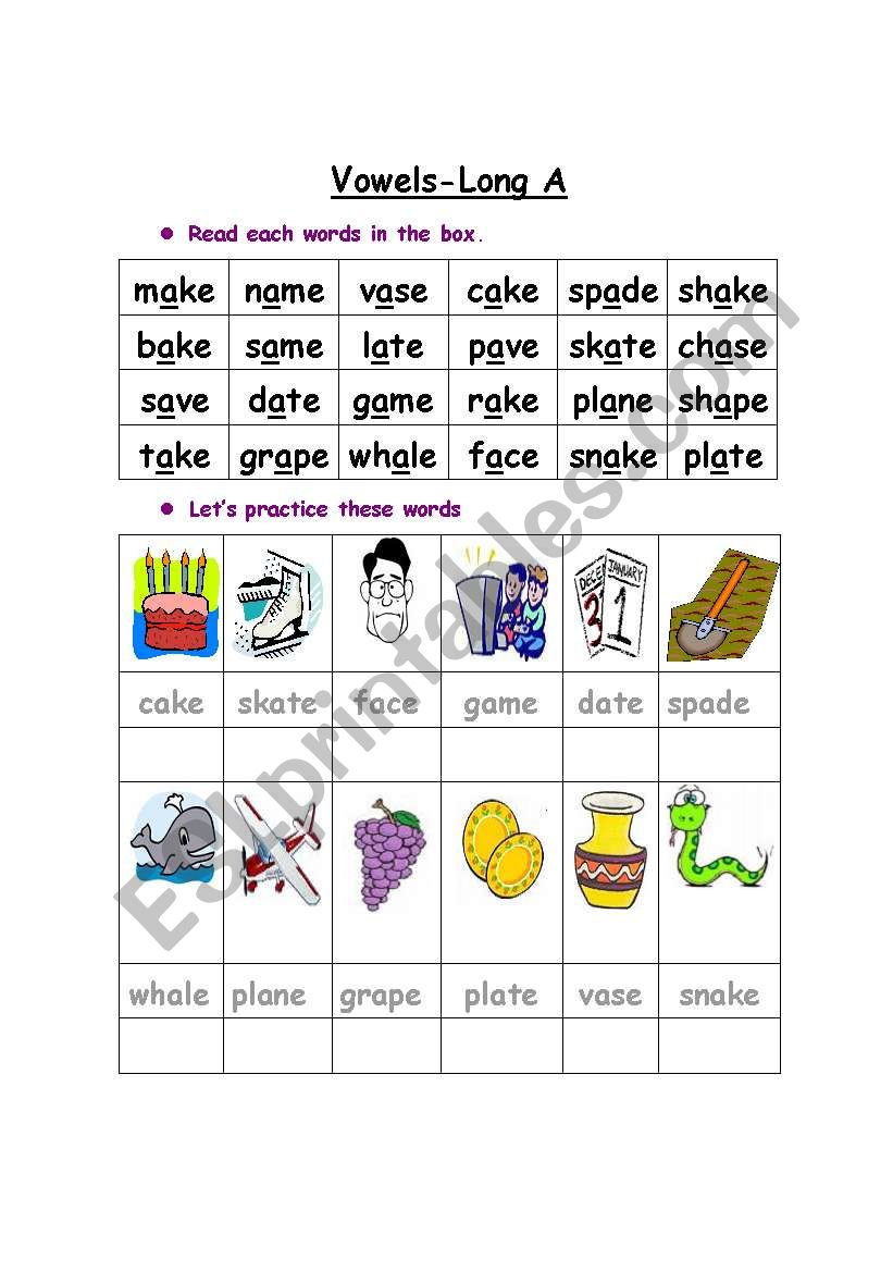 Long vowel A  worksheet