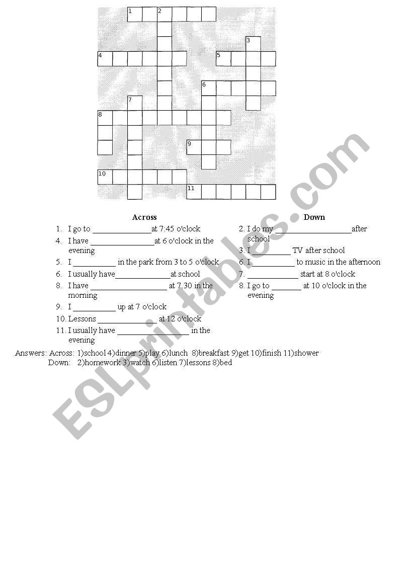 Daily Routines simple crossword