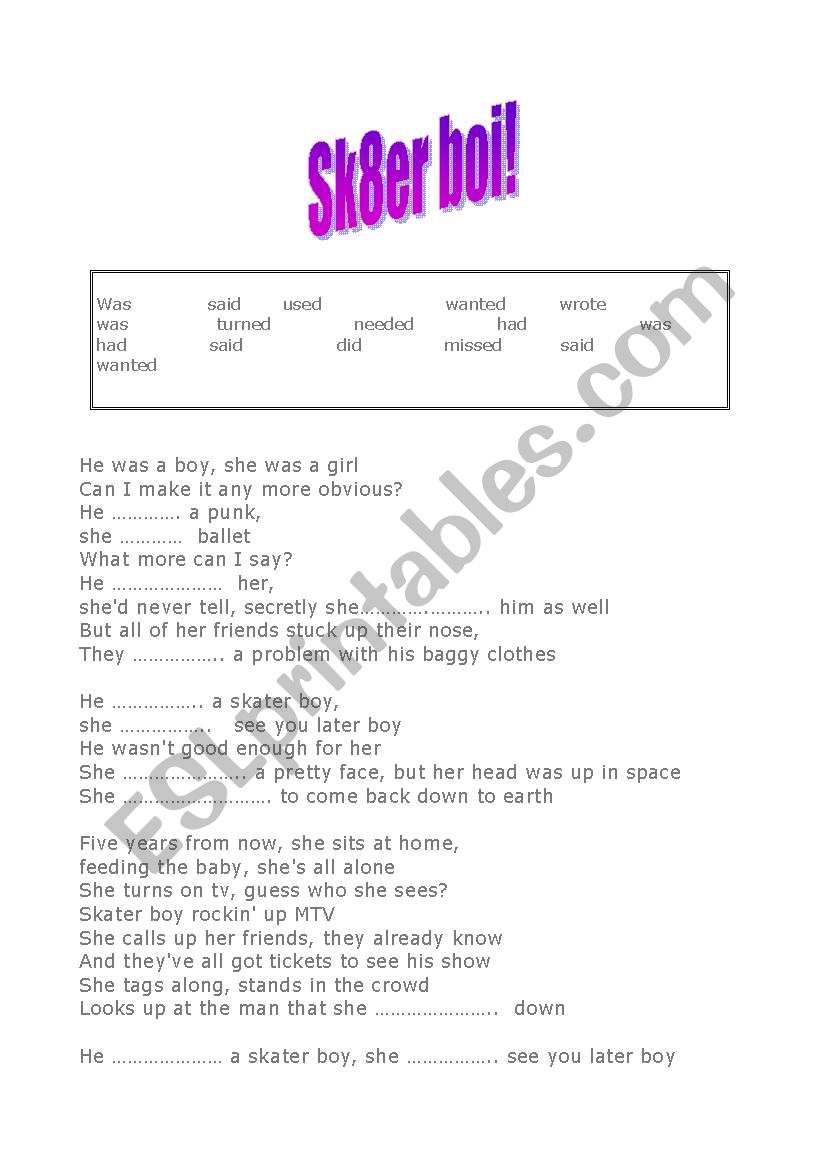 Skater boy by Avril Lavigne worksheet