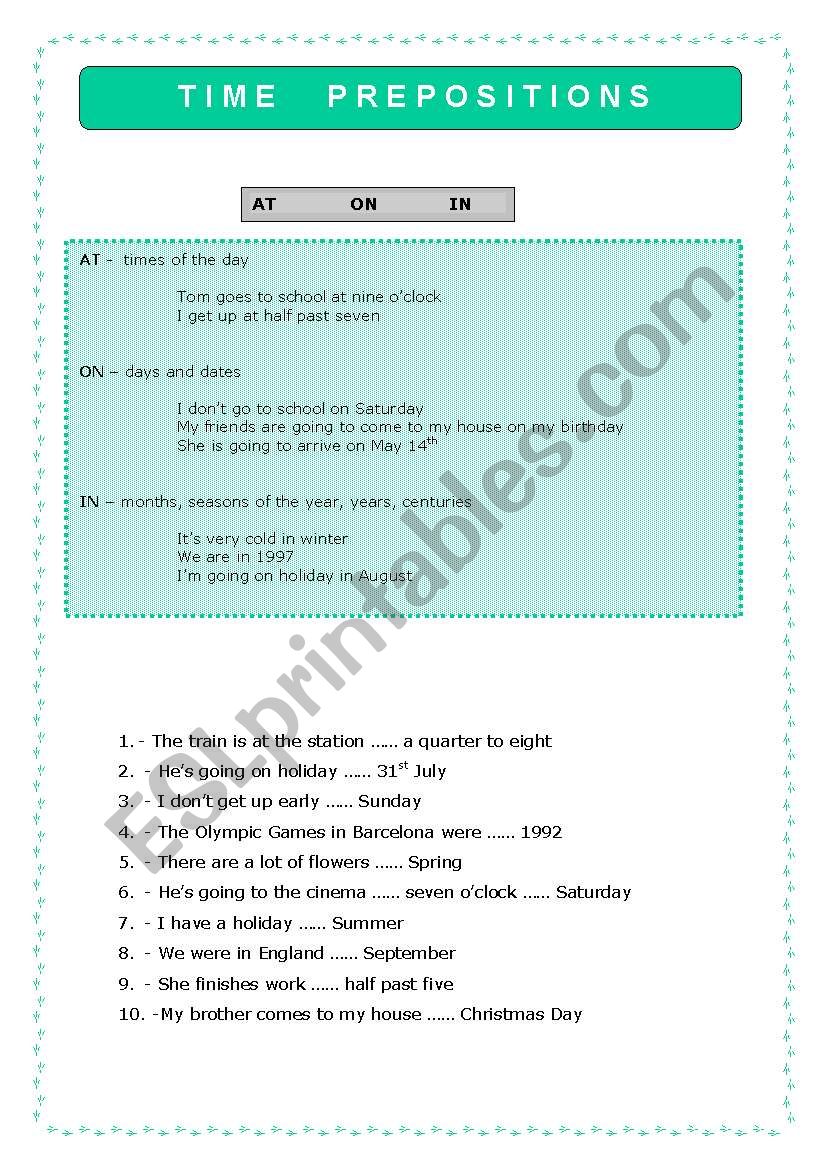 Prepositions of time worksheet