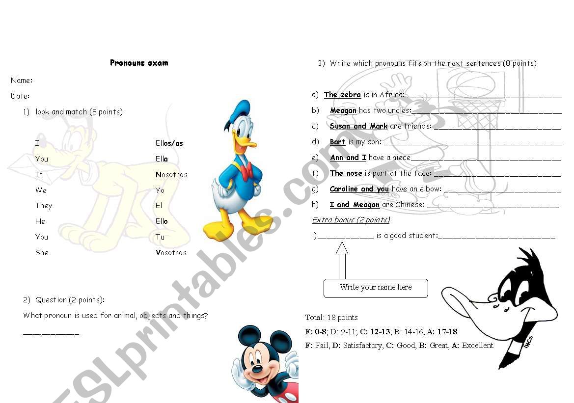 Subject pronouns exam worksheet