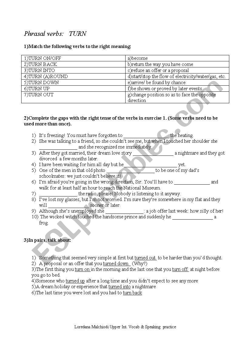 Phrasal verbs with TURN worksheet