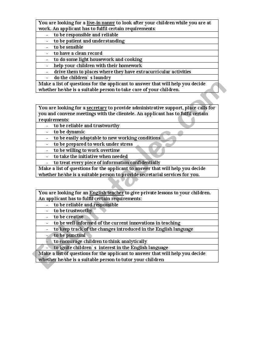 Speaking exercises - jobs worksheet