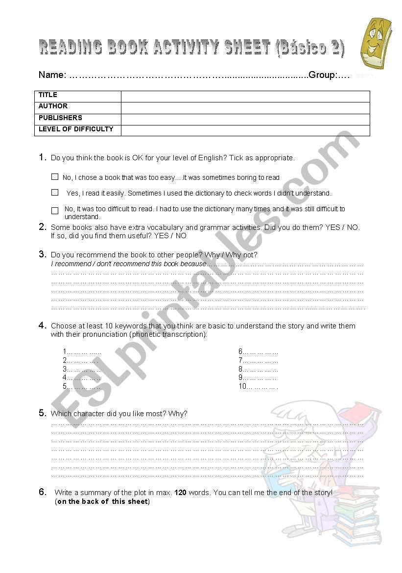 READING BOOK (READERS) ACTIVITY SHEET