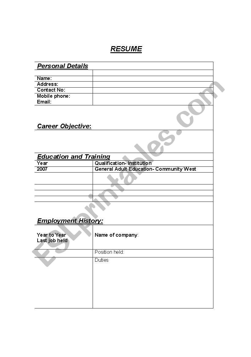 English worksheets: Resume template Regarding Resume Worksheet For Adults