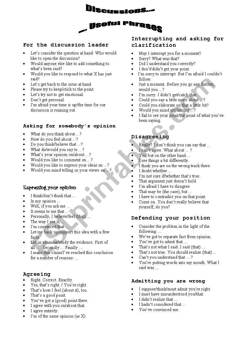 Discussion phrases worksheet