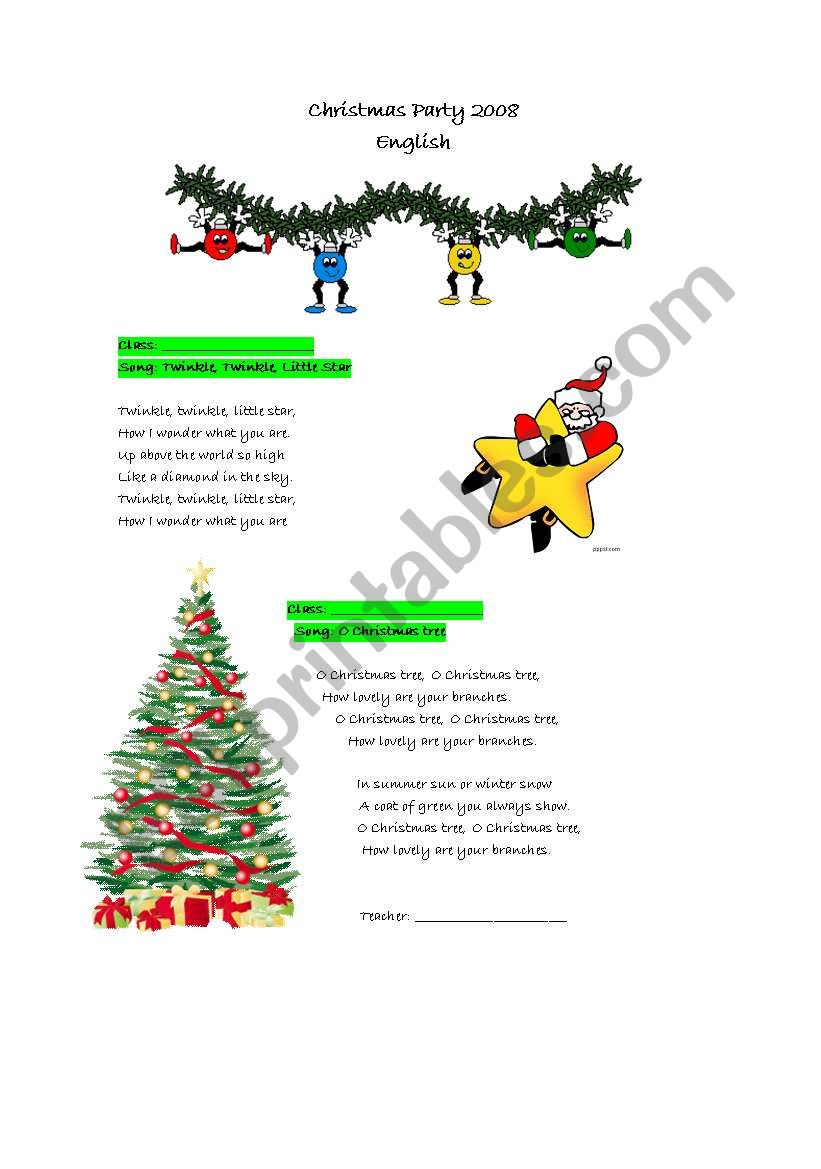 Christmas party songs worksheet