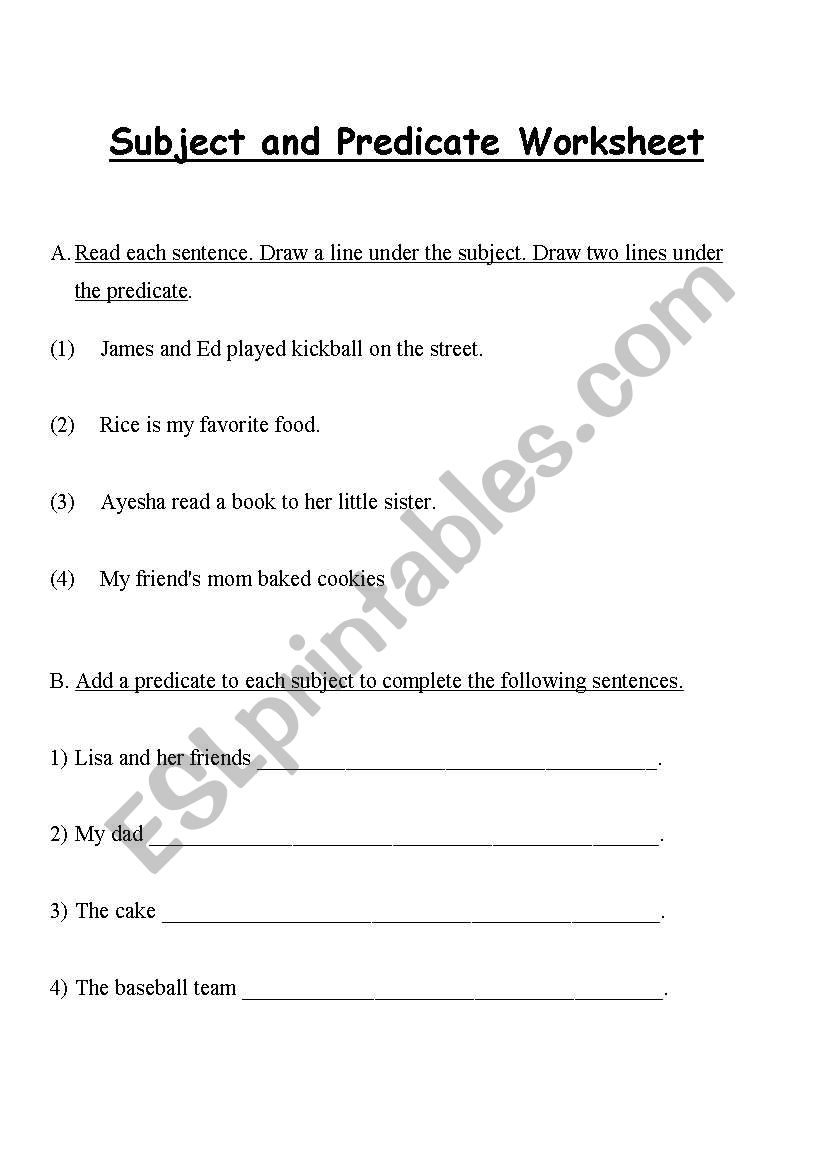 Subject and Predicate Worksheet