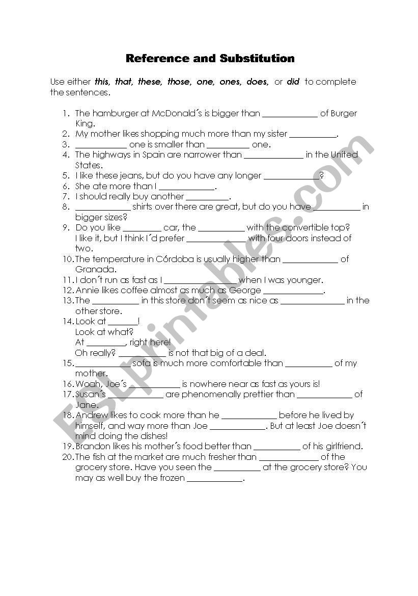 Reference and Substitution worksheet