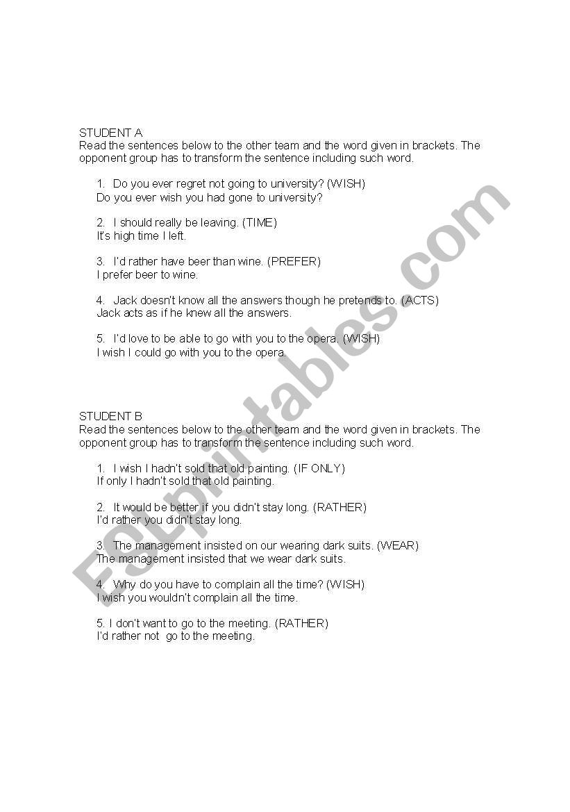 Sentence Transformation Game worksheet