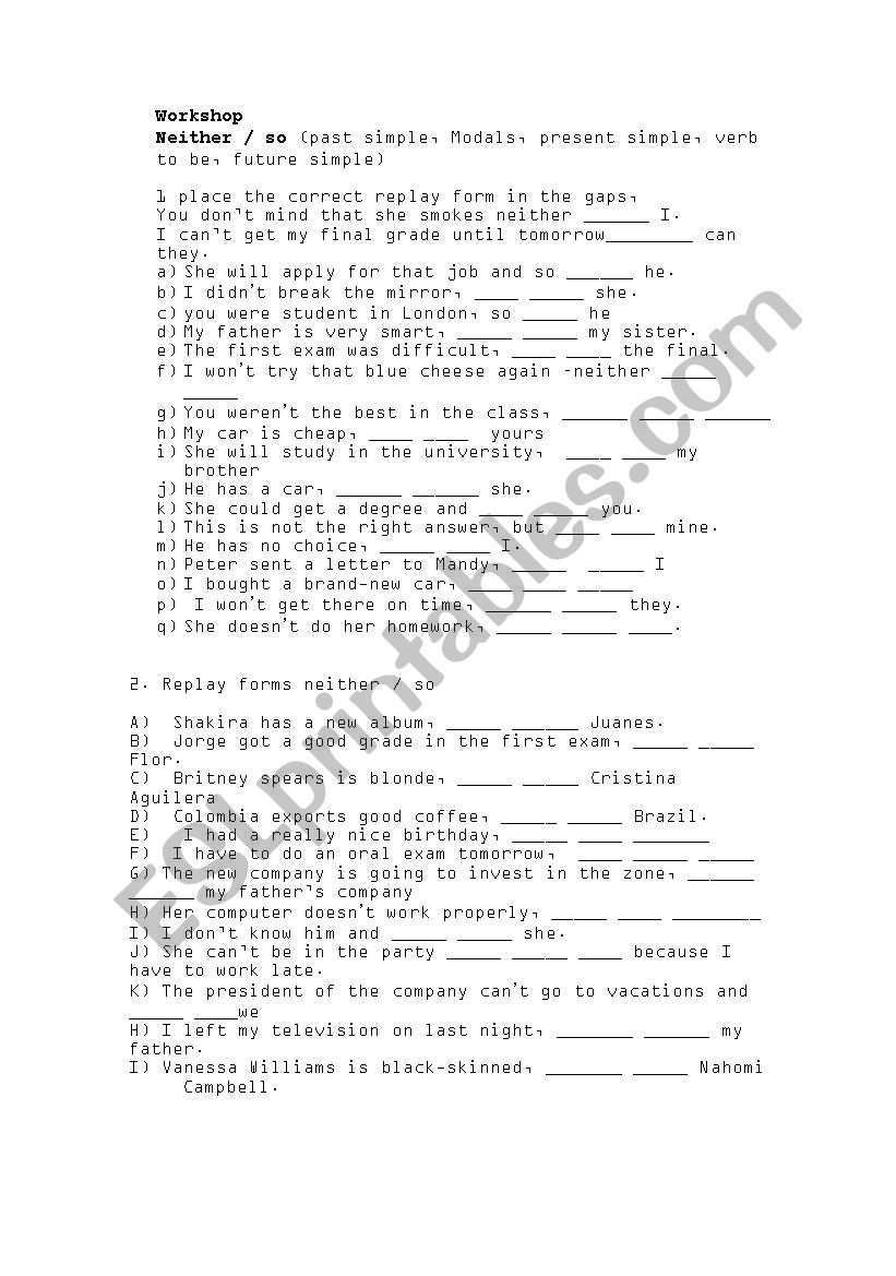 Short answers Neither/So worksheet