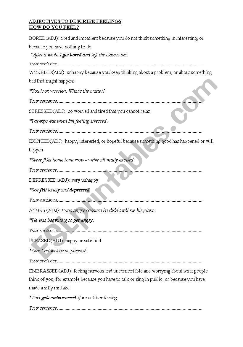 describing feelings worksheet