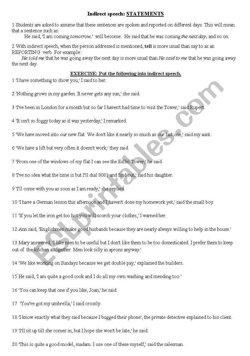 INDIRECT SPEECH - Statements worksheet