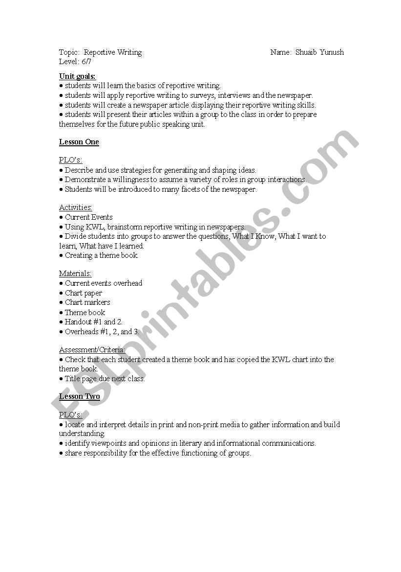 Reportive Writing worksheet