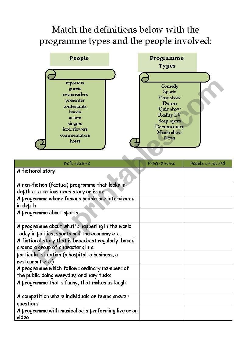 TV Programme Types worksheet