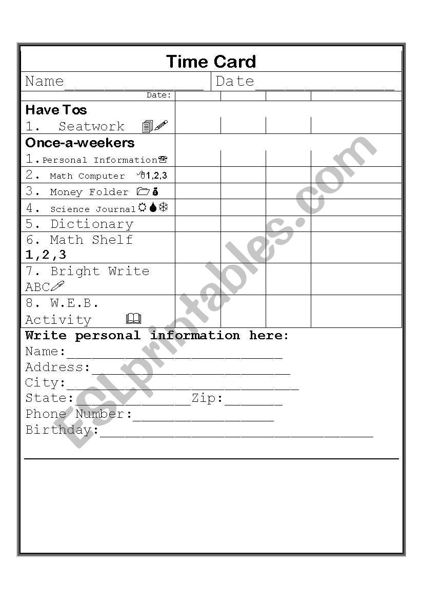 Center TIme Card worksheet