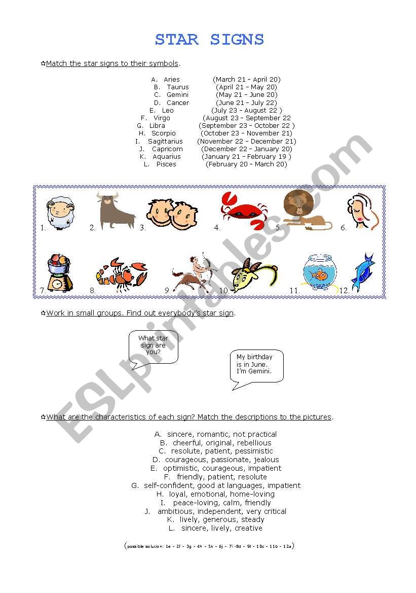 Star Signs worksheet