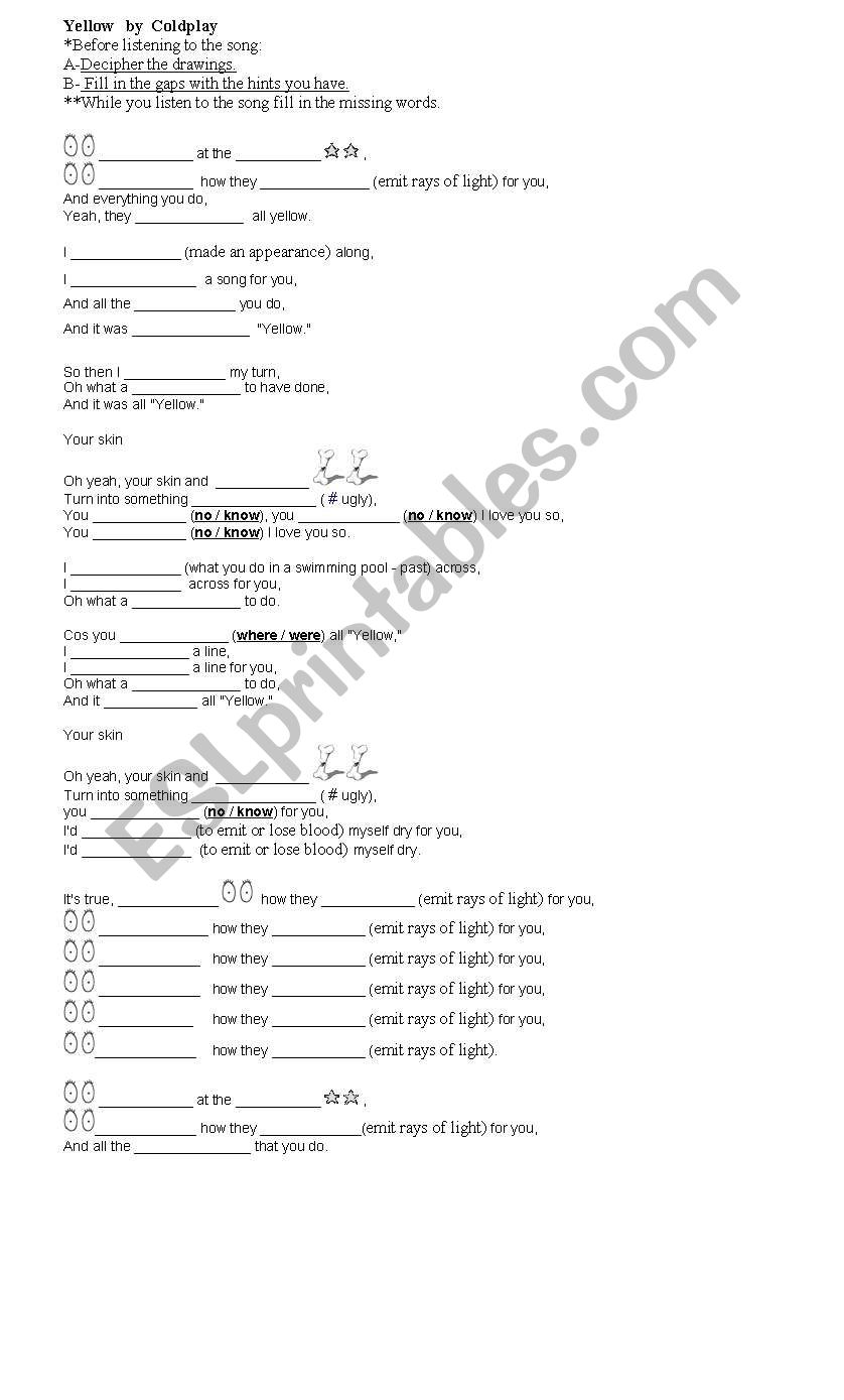 Song - Yellow, by Coldplay worksheet