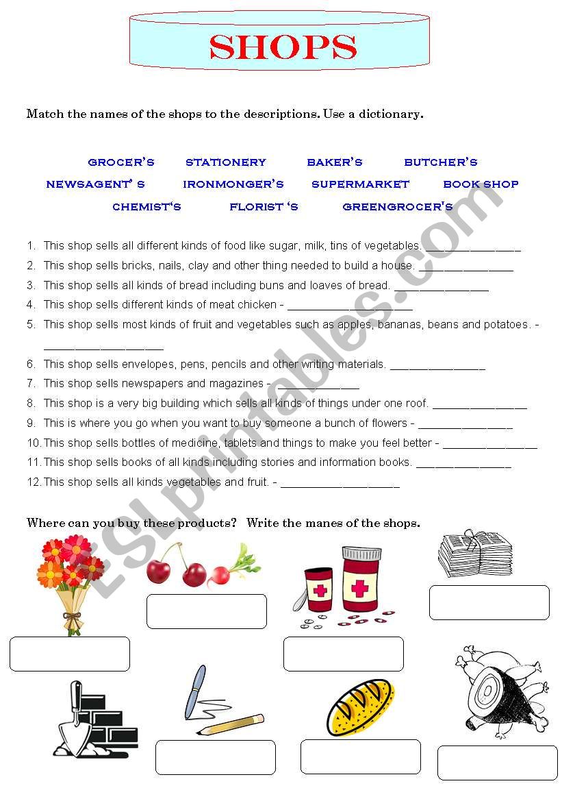 Names of shops worksheet