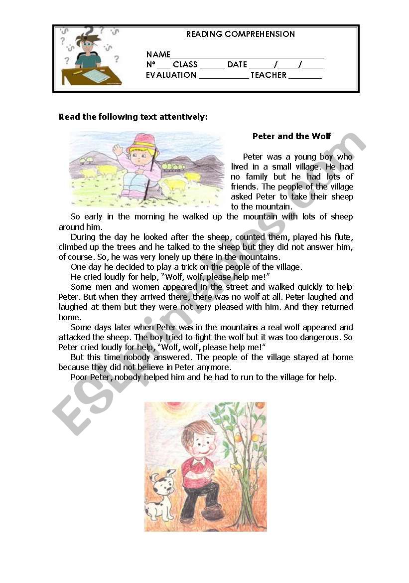 Peter and the Wolf - Reading Comprehension - ESL worksheet by macomabi With Peter And The Wolf Worksheet