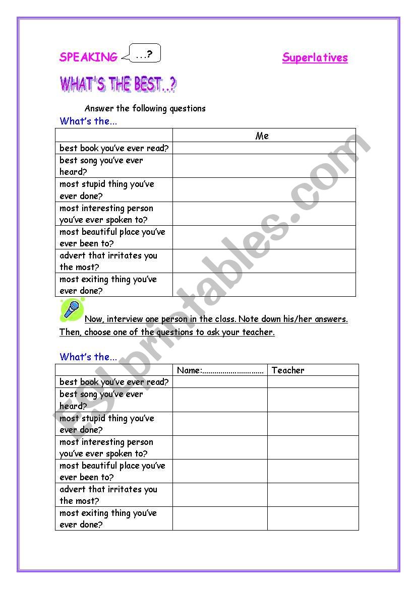 SPEAKING: WHATS THE BEST...? worksheet