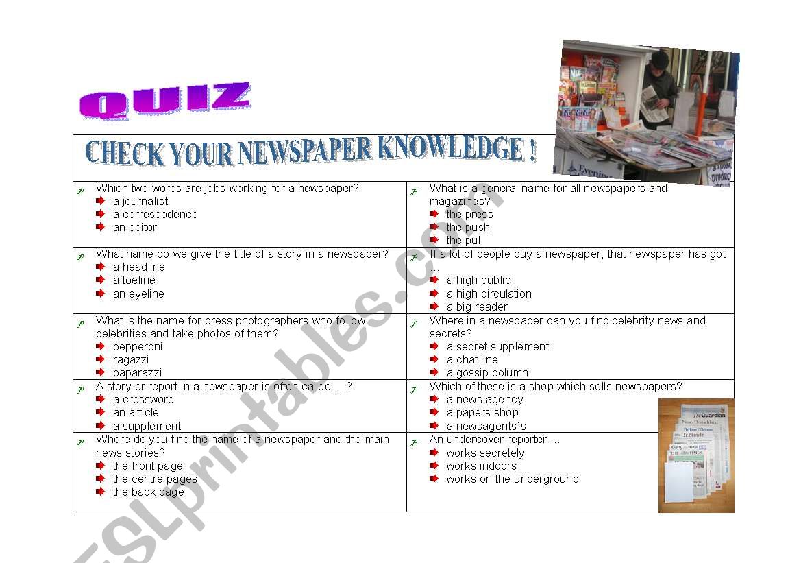 QUIZ ON NEWSPAPERS worksheet