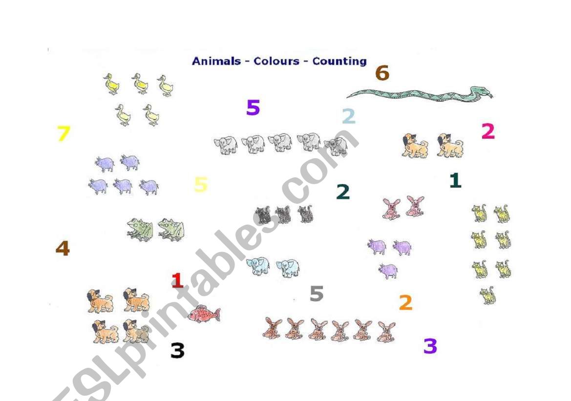 Animals - Colours - Counting worksheet