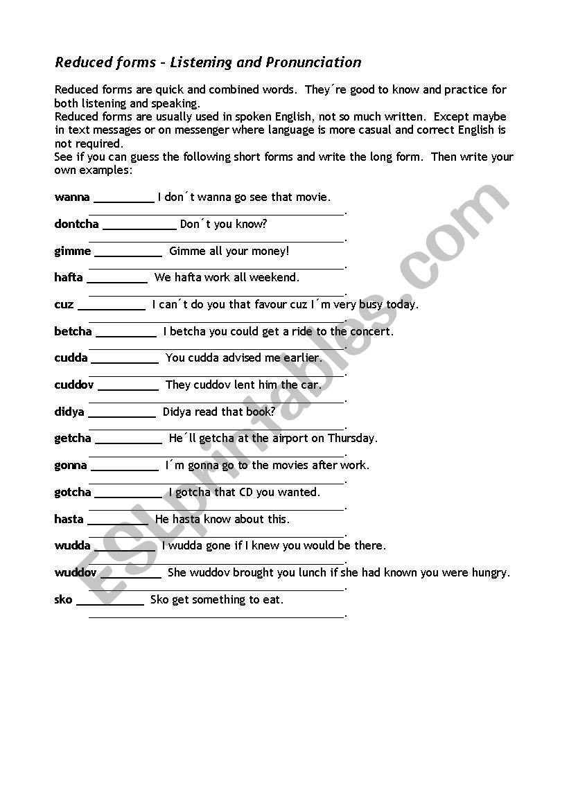 Reduced forms worksheet Reduced forms worksheet