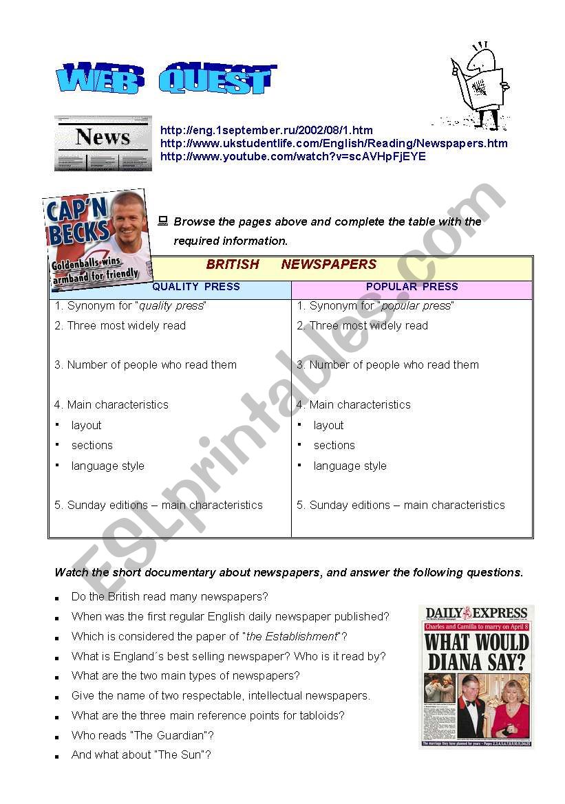 WEBQUEST ON NEWSPAPERS worksheet