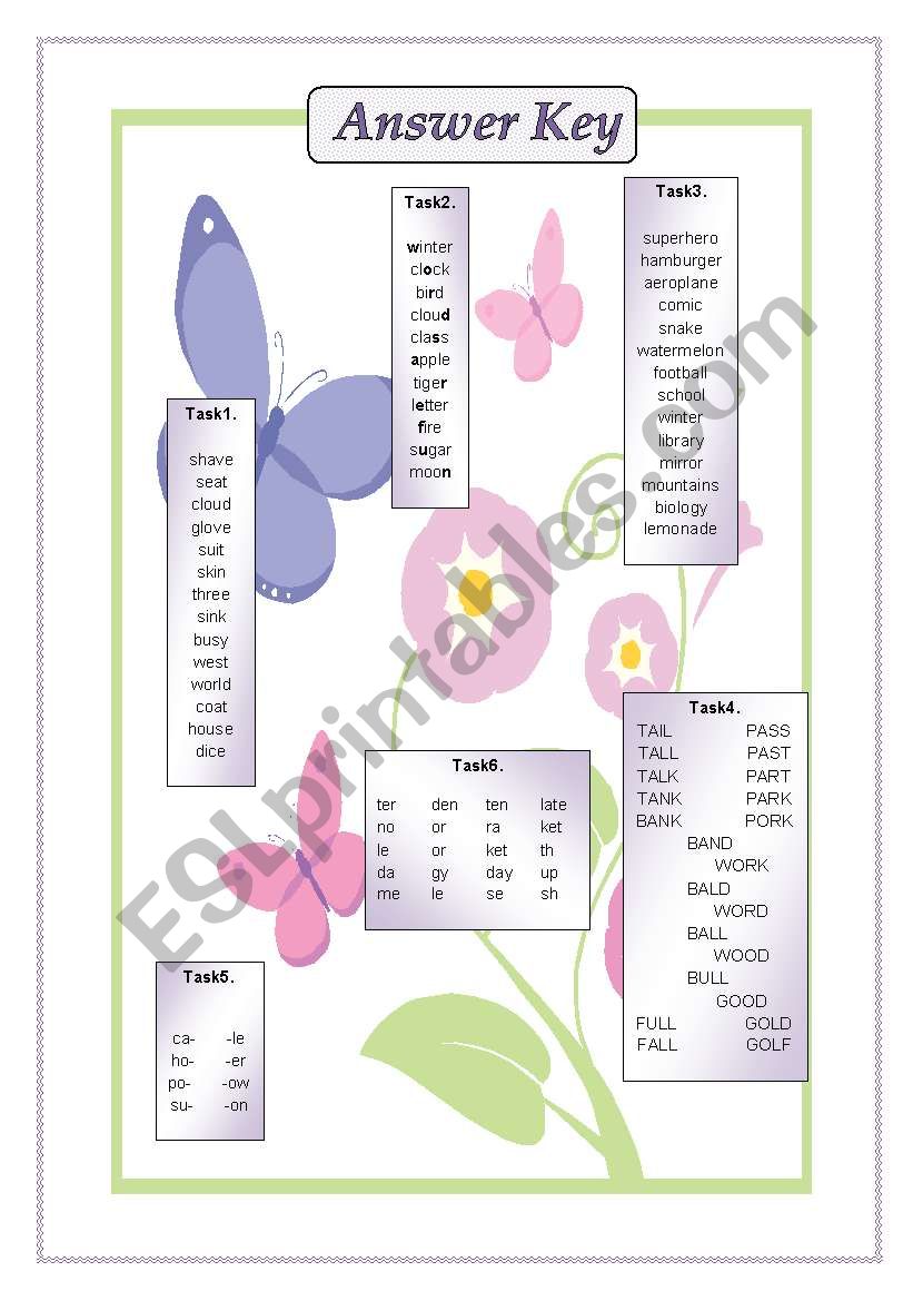 ANSWER KEY TO WORD GAMES worksheet