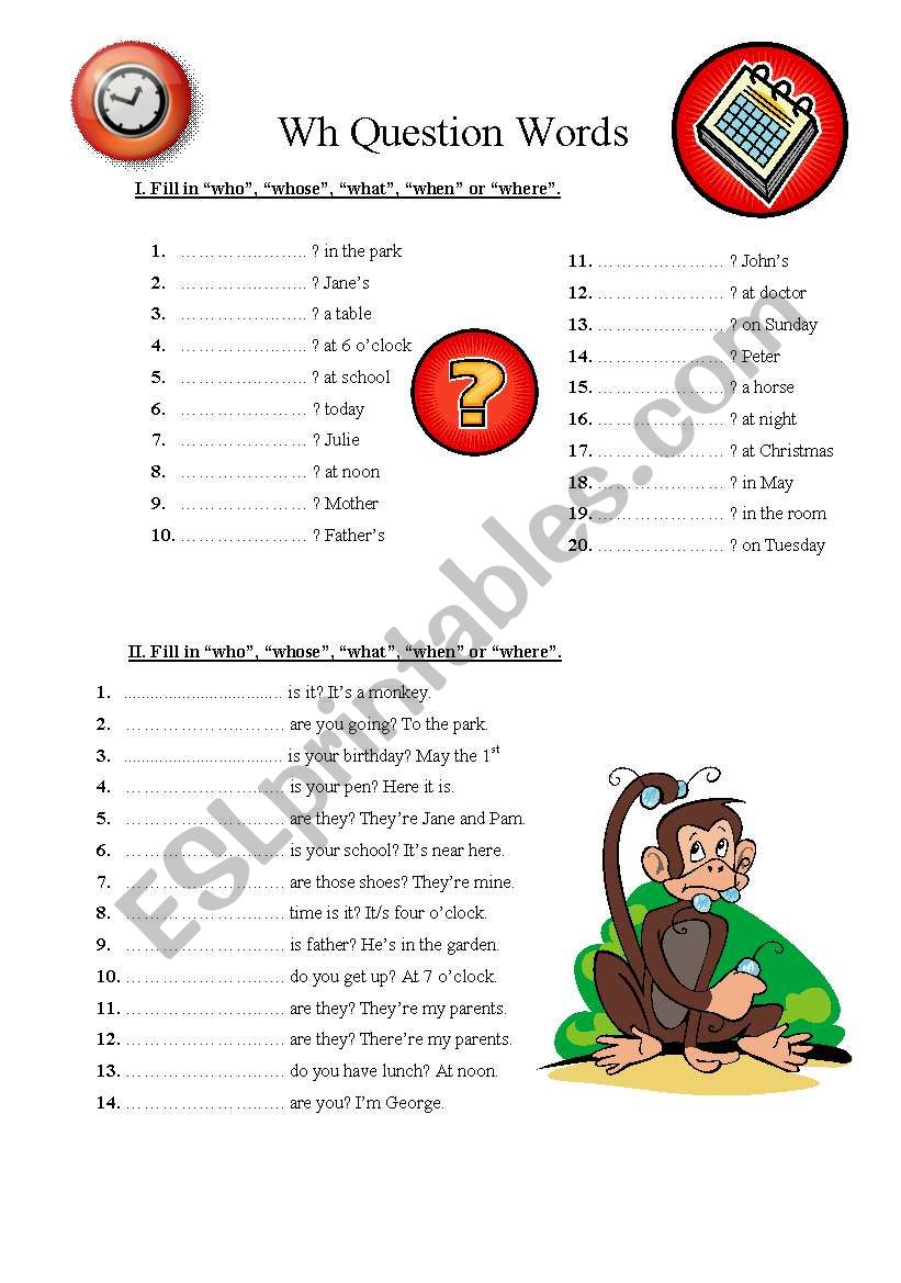 Wh- question words worksheet