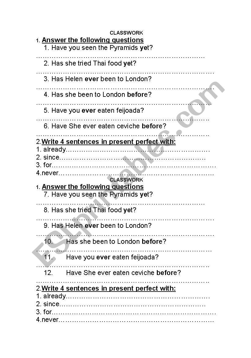 Present perfect exercise worksheet