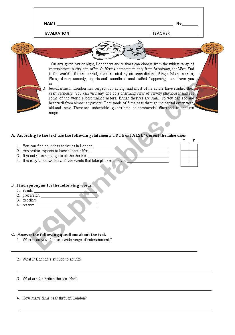 London - Theatre worksheet