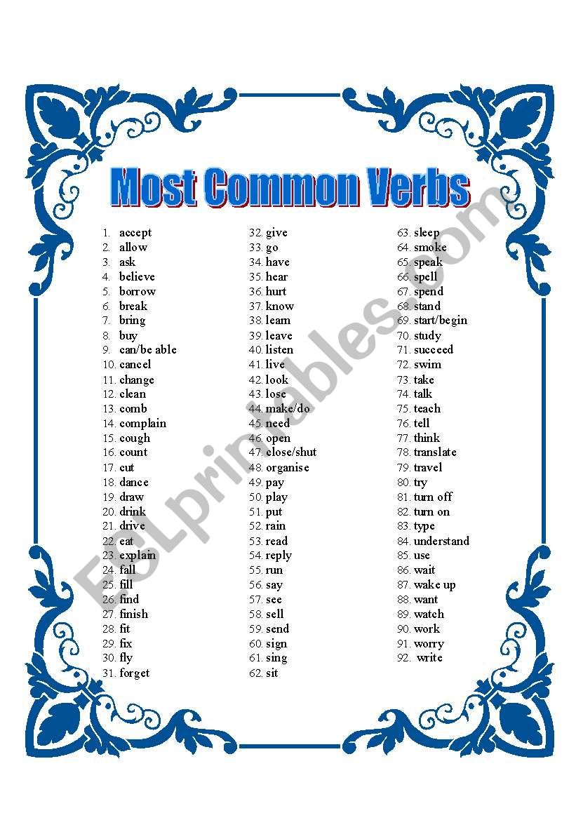 most-common-verbs-esl-worksheet-by-renmac