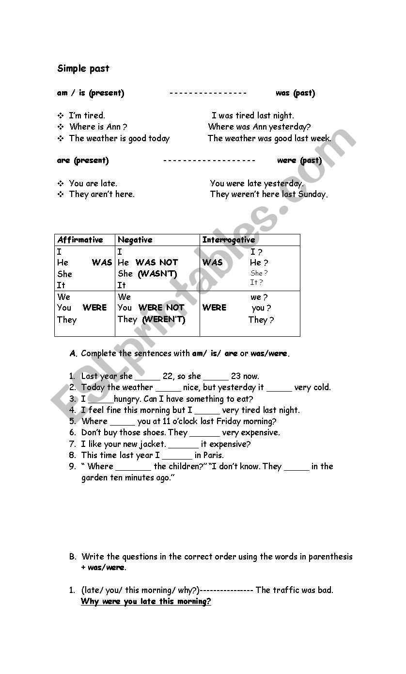 Pasr of the verb to be worksheet