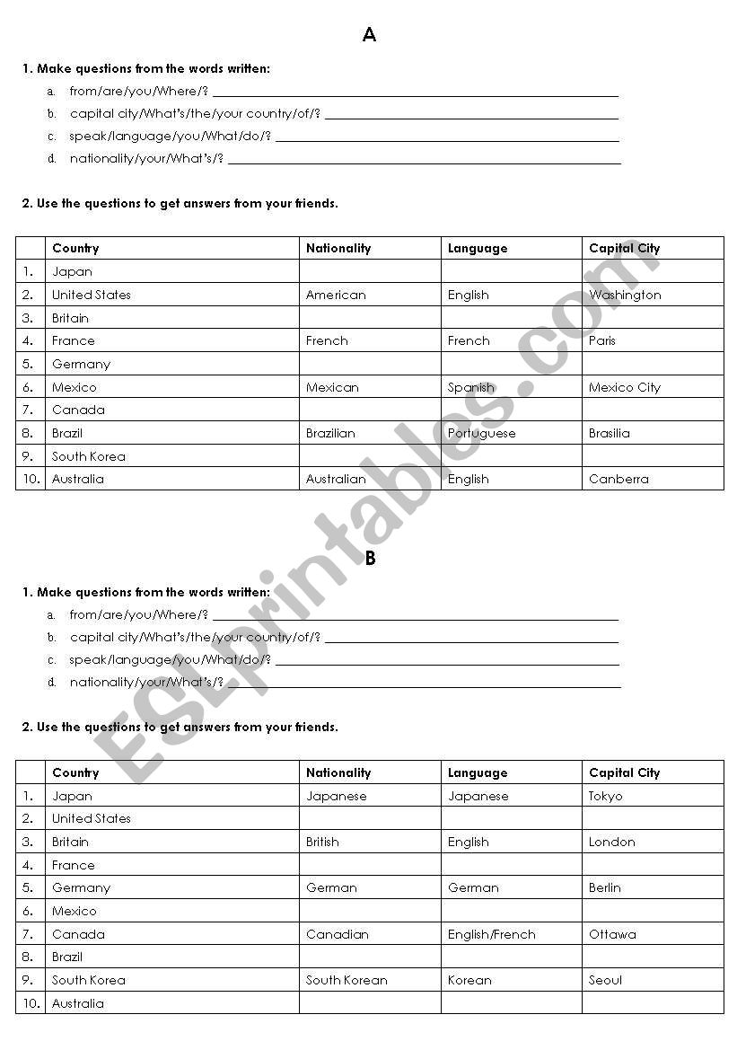 Nationalties Interview worksheet