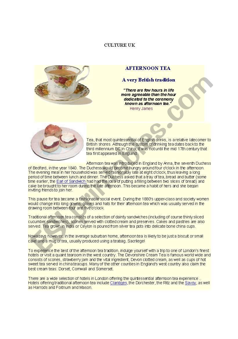 Bristish Afternoon Tea worksheet