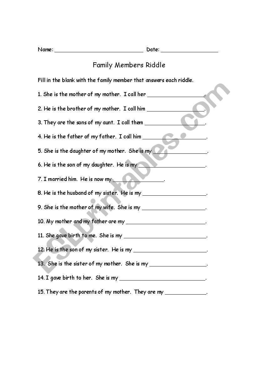 Family Members Riddle worksheet