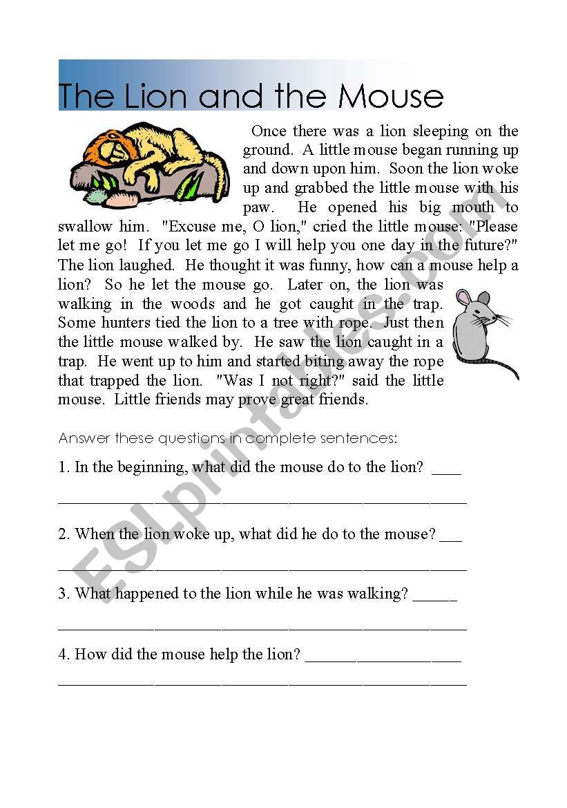 Reading comprehension Tuhe lion and the mouse